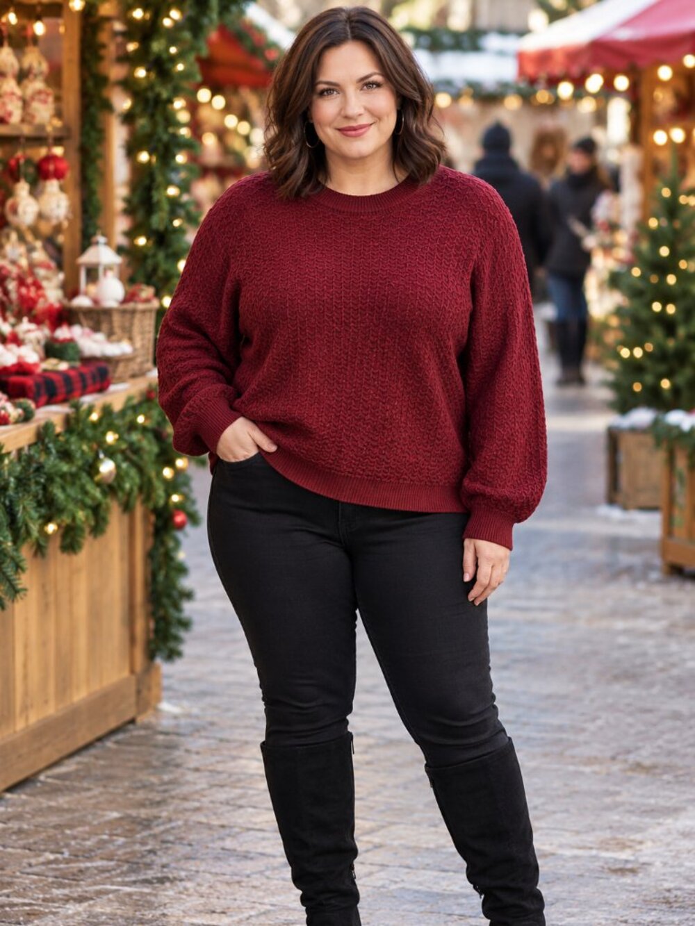 Lucy Paris Textured Weave Crew Neck Ribbed Trim Burgundy Sweater Womens 1X NEW